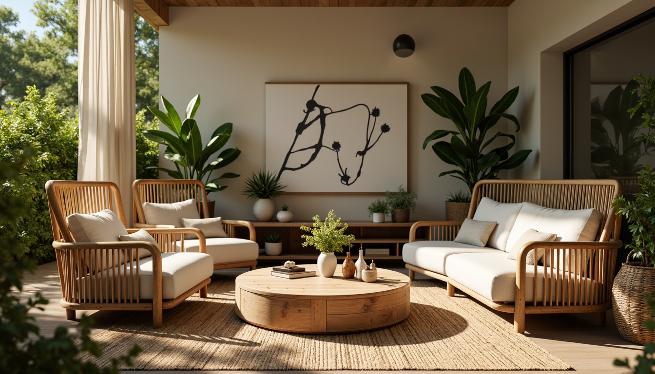 Prompt: Minimalist bamboo furniture, natural wood textures, woven rattan chairs, soft cushions, earthy color palette, organic shapes, curved lines, sustainable materials, eco-friendly design, indoor plants, lush greenery, warm ambient lighting, shallow depth of field, 1/1 composition, realistic render, vibrant colors, subtle shading, detailed bamboo patterns.