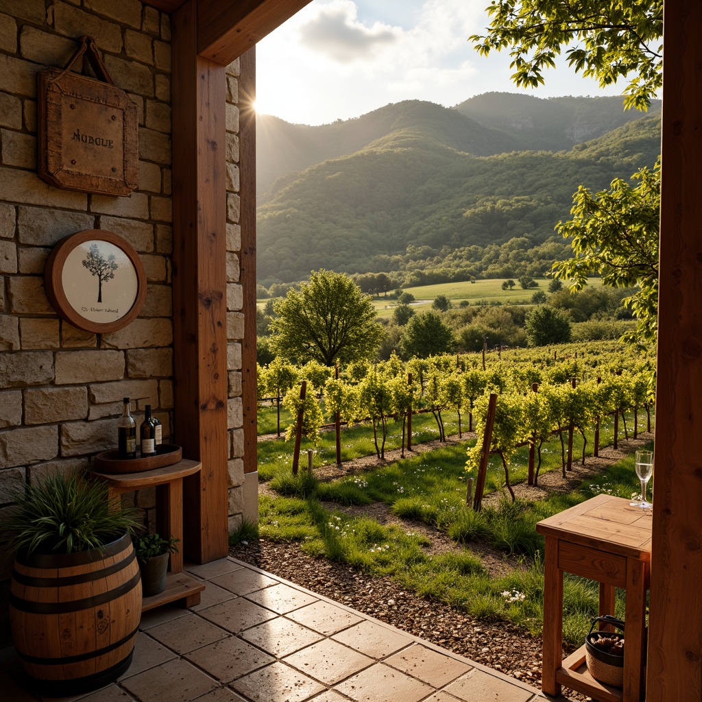 Prompt: Vineyard landscape, rolling hills, lush greenery, rustic wooden fences, wine barrels, grapevines, warm sunny day, soft golden lighting, earthy tones, natural stone walls, wooden accents, vintage metal decorations, classic font signage, rich leather textures, elegant glassware, sophisticated ambiance, inviting atmosphere, 3/4 composition, shallow depth of field, warm color palette, earthy reds, rustic oranges, weathered wood browns.