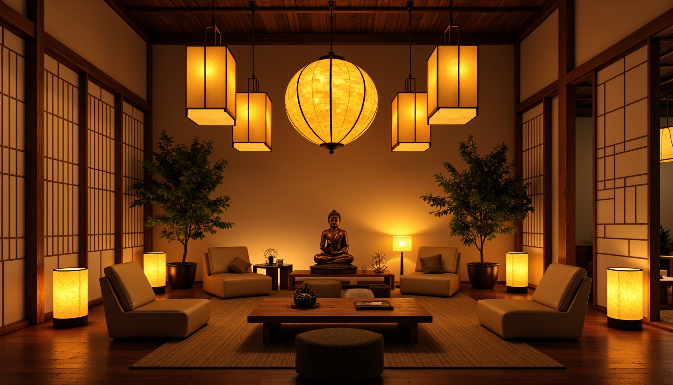 Prompt: Asian-inspired interior, warm golden lighting, lantern-style fixtures, paper lanterns, silk shades, minimalist design, natural materials, wood accents, bamboo textures, subtle color palette, soft warm glow, ambient illumination, table lamps, floor lamps, pendant lights, Buddha statue, incense sticks, traditional Japanese screens, shoji doors, tatami mats, sliding panels, natural fiber rugs, peaceful atmosphere, serene ambiance, harmonious balance.