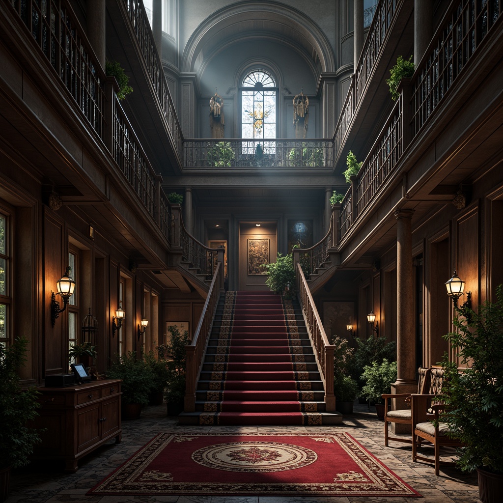 Prompt: Intricate balustrades, gothic arches, ornate carvings, mysterious ambiance, grand staircases, luxurious materials, dark wood tones, rich velvet fabrics, golden ornaments, mystical symbols, eerie lanterns, dramatic shadows, low-key lighting, 1/2 composition, atmospheric perspective, detailed textures, ambient occlusion.