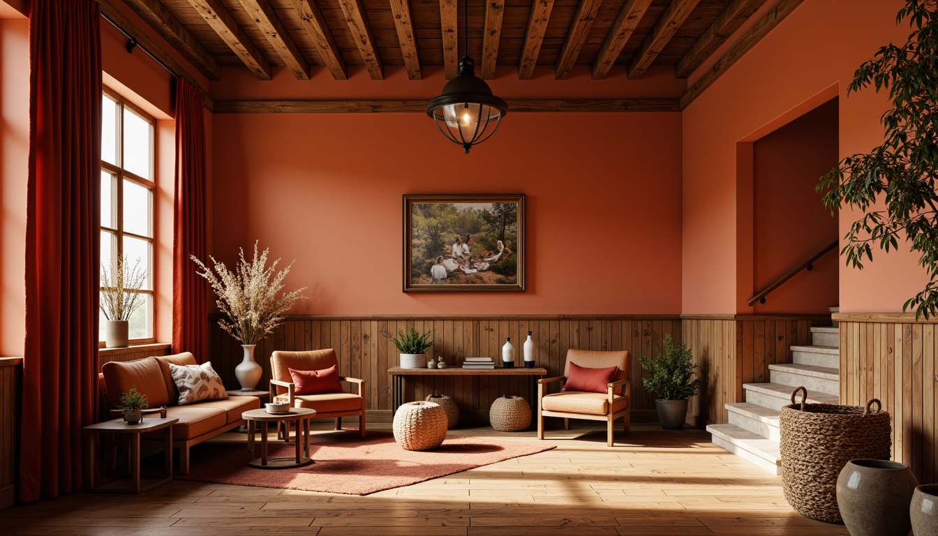 Prompt: Warm orange red accent walls, natural wood tones, earthy terracotta floors, rustic wooden beams, cozy plush furnishings, vintage metal lighting fixtures, distressed leather armchairs, woven wicker baskets, rich velvet drapes, soft golden warm lighting, shallow depth of field, 1/1 composition, intimate close-up shots, realistic textures, ambient occlusion.