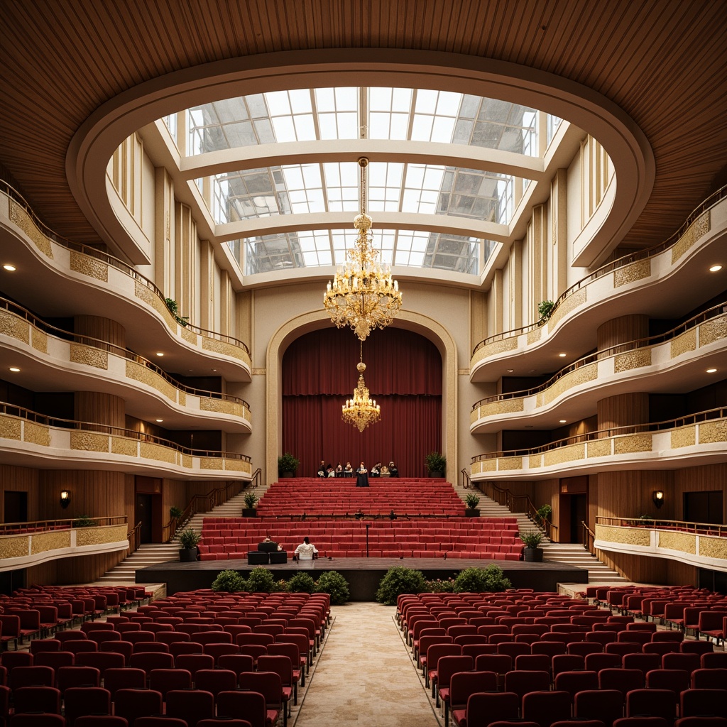 Prompt: Elegant opera house, minimalist architecture, grand open spaces, sweeping curves, polished marble floors, floor-to-ceiling windows, natural light pouring in, luxurious chandeliers, plush red velvet seats, ornate golden balconies, dramatic stage lighting, soft warm spotlights, shallow depth of field, 1/2 composition, symmetrical framing, high contrast ratio, realistic textures, ambient occlusion.