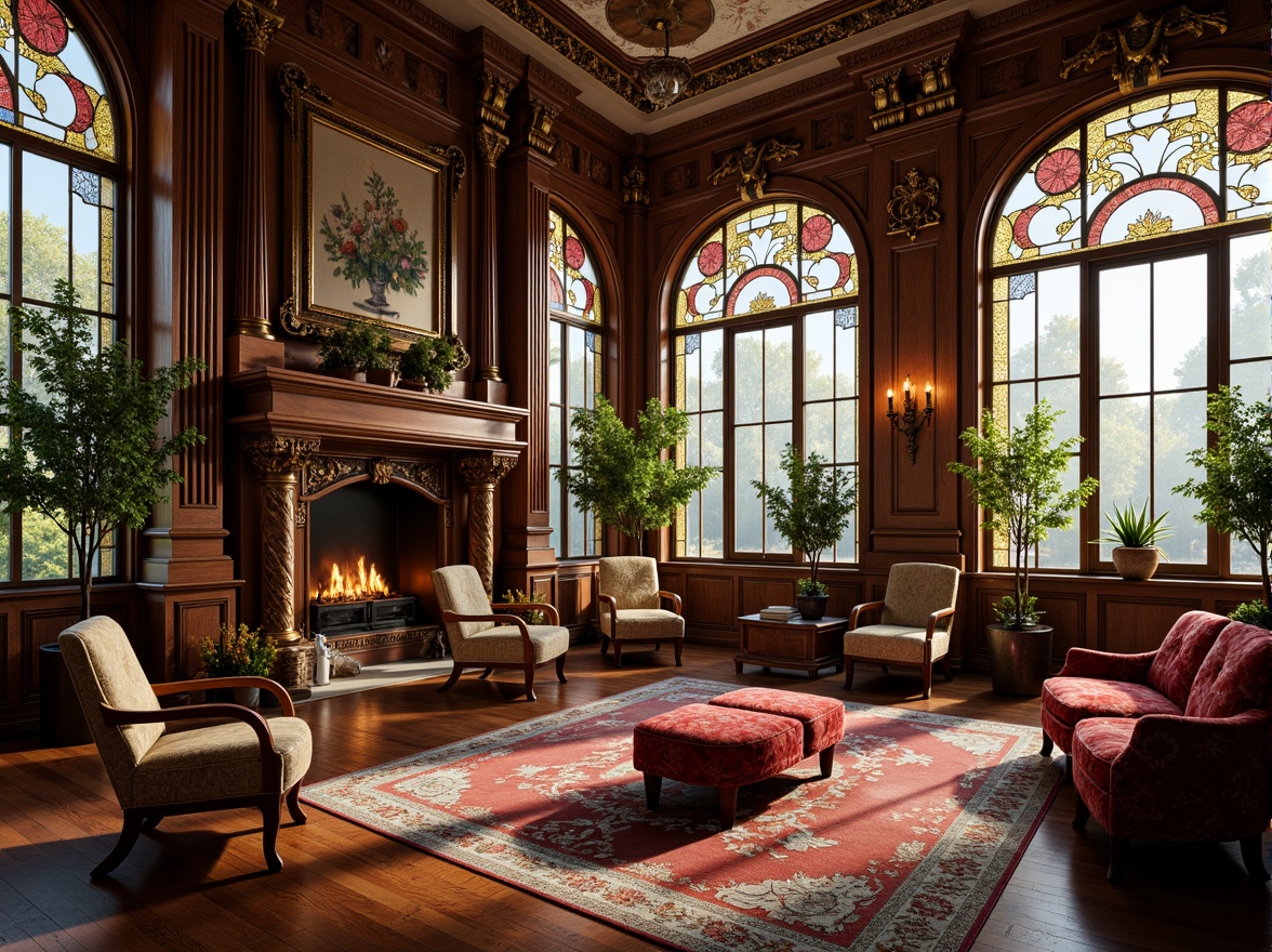 Prompt: Opulent art nouveau living room, intricately carved wooden furniture, sinuous lines, flowing curves, ornate metalwork, luxurious velvet upholstery, rich jewel-toned colors, stained glass windows, ornamental flower motifs, curved legs, cabriole chairs, tufted ottomans, gilded accents, soft warm lighting, shallow depth of field, 1/1 composition, realistic textures, ambient occlusion.