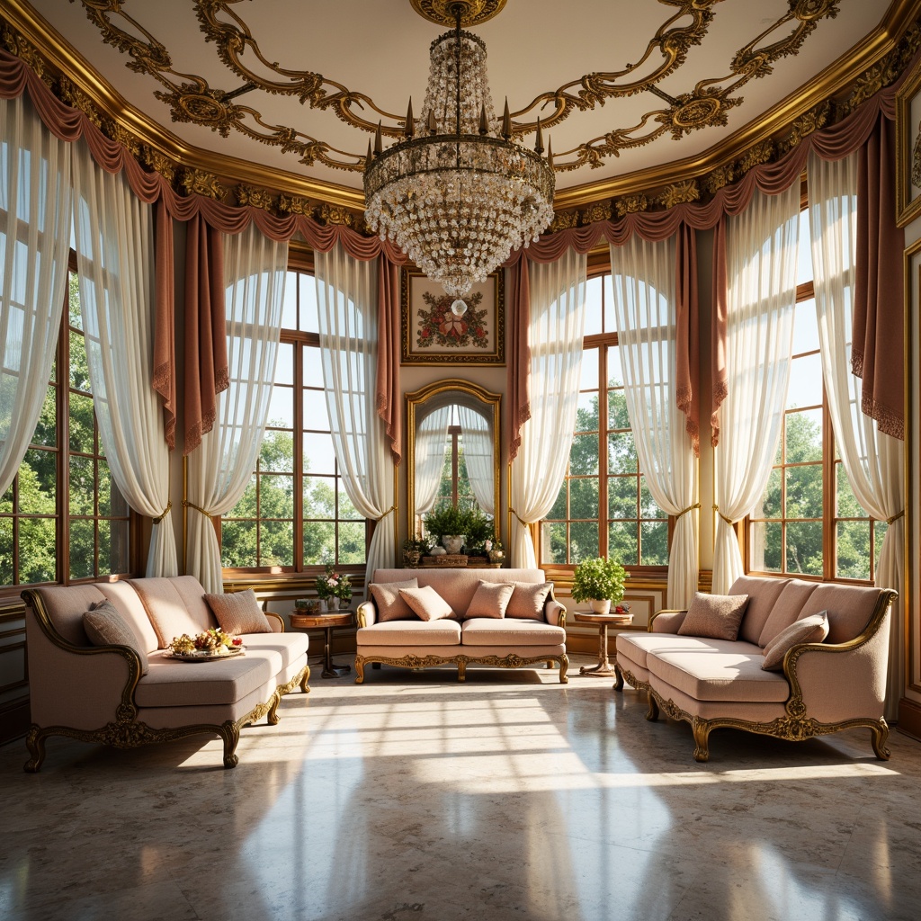 Prompt: Lavish sunroom, ornate Rococo style, intricately carved wooden panels, gilded accents, curved lines, soft pastel colors, velvet upholstery, crystal chandeliers, marble floors, grand archways, sweeping drapery, natural light pouring in, warm cozy atmosphere, shallow depth of field, 1/1 composition, romantic ambiance, realistic textures, ambient occlusion.