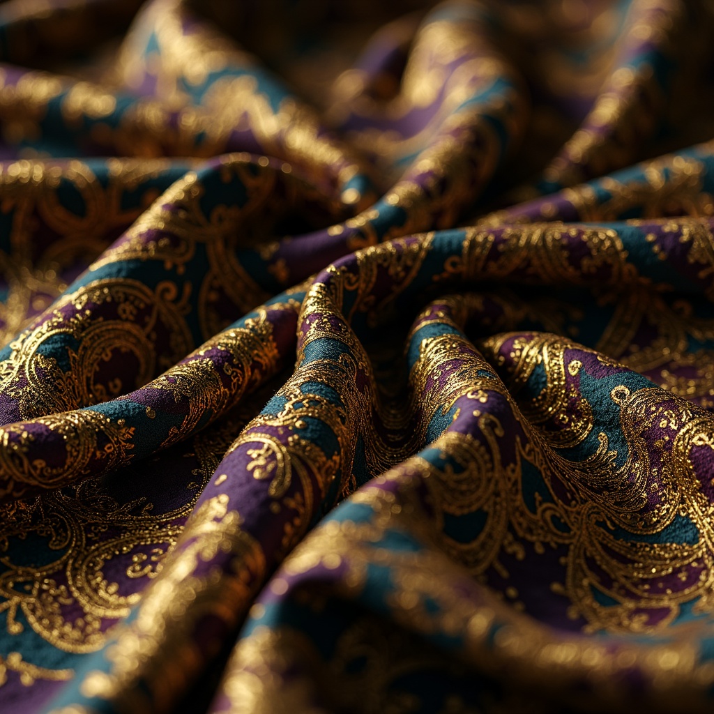 Prompt: Luxurious velvet fabrics, intricately patterned with flowing organic lines, rich jewel-toned colors, ornate metallic embroidery, subtle sheen, soft draping, opulent tassels, majestic peacock-inspired motifs, elegant botanical prints, sophisticated Art Nouveau typography, subtle iridescence, warm golden lighting, shallow depth of field, 1/2 composition, intimate close-up view, realistic textures, ambient occlusion.