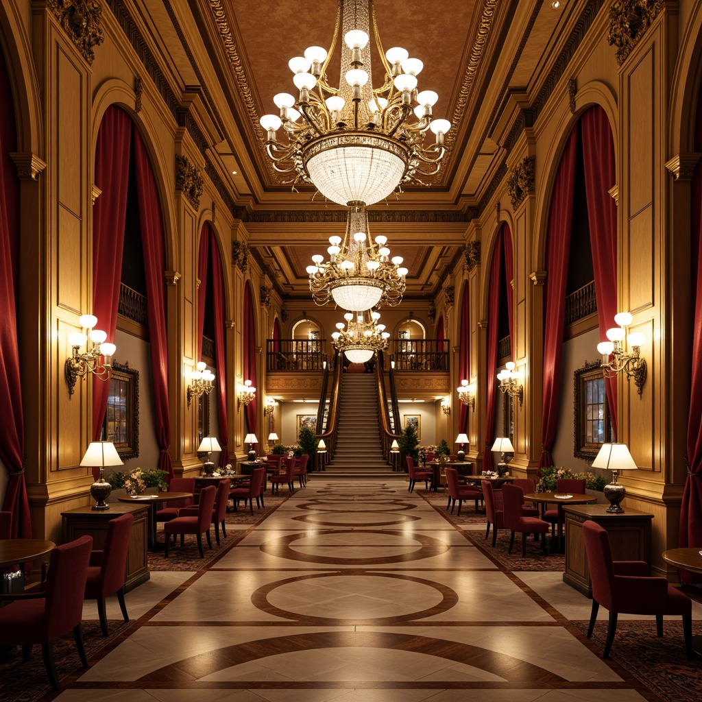 Prompt: Luxurious casino interior, ornate detailing, neoclassical columns, intricate moldings, lavish chandeliers, velvet drapes, marble flooring, gilded accents, rich wood paneling, crystal sconces, regal furnishings, opulent textiles, majestic archways, grand staircases, warm golden lighting, soft focus, shallow depth of field, 1/1 composition, dramatic shadows, realistic reflections.