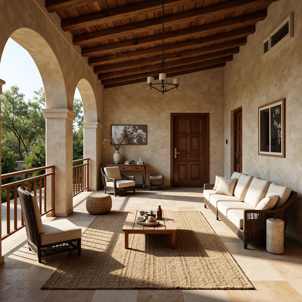 Prompt: Rustic villa, natural stone walls, wooden beam ceilings, earthy tone flooring, plush area rugs, woven wicker furniture, vintage decor accents, distressed wood textures, warm ambient lighting, soft creamy colors, traditional archways, ornate metalwork details, lush greenery surroundings, sunny Mediterranean climate, shallow depth of field, 1/1 composition, realistic material renderings.