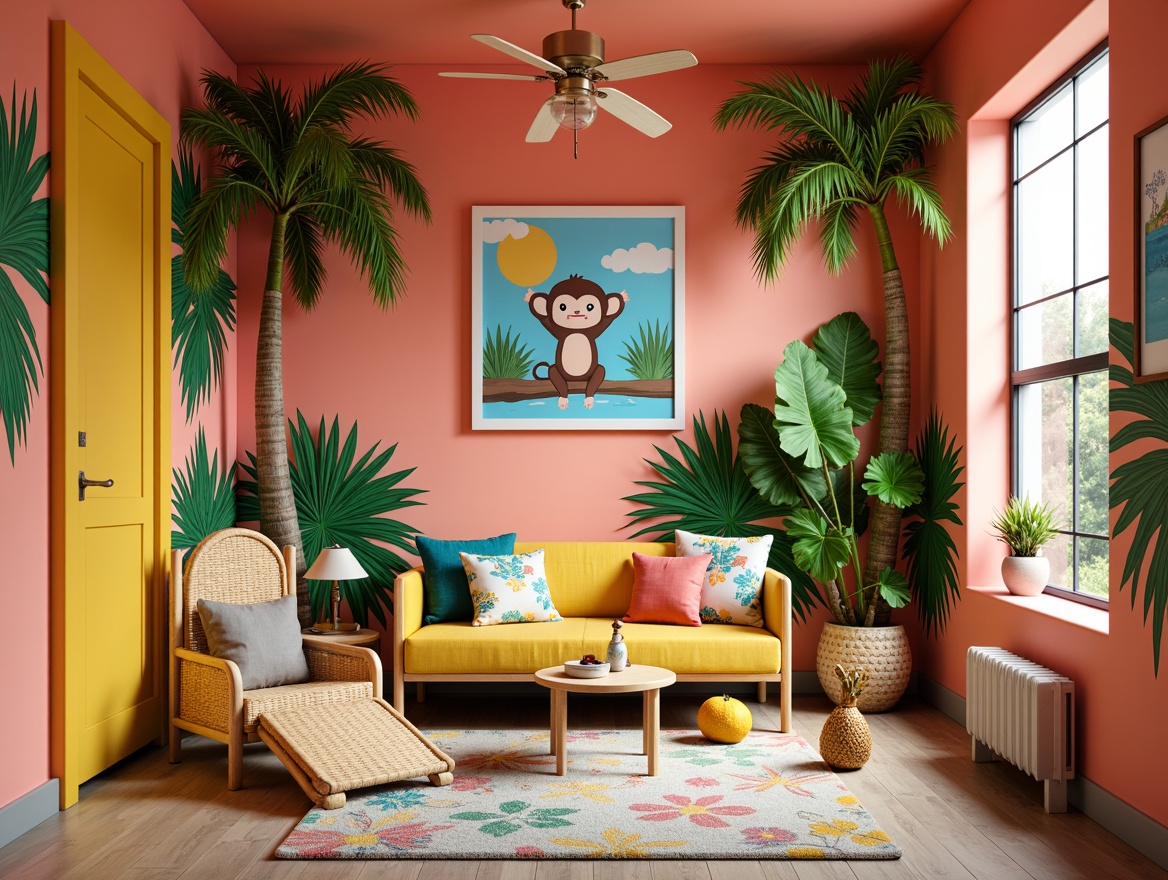 Prompt: Vibrant tropical kids' room, bright coral walls, lush green accents, sunny yellow furniture, exotic palm tree patterns, colorful floral arrangements, ocean-inspired blue hues, natural wood textures, woven rattan decor, playful monkey and parrot illustrations, fun pineapple-shaped accessories, soft warm lighting, shallow depth of field, 1/1 composition, realistic textures, ambient occlusion.