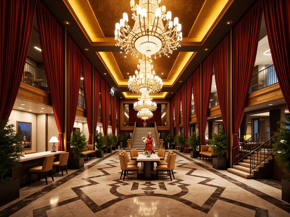 Prompt: Luxurious Art Deco interior, ornate chandeliers, warm golden lighting, rich velvet drapes, opulent marble floors, metallic accents, geometric patterns, lavish furnishings, grand staircases, crystal pendant lights, ambient soft glow, dramatic high-contrast lighting, 1/1 composition, symmetrical framing, cinematic color grading, realistic reflections, intricate textures.