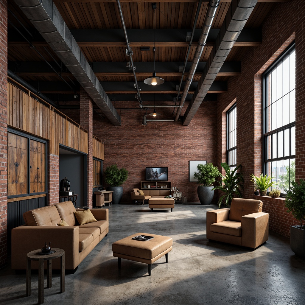 Prompt: Exposed brick walls, metal beams, reclaimed wood accents, industrial-style lighting fixtures, concrete floors, urban cityscape, abandoned factory backdrop, distressed textures, rusty metal tones, vintage manufacturing equipment, eclectic decorative items, converted loft space, modern minimalist furniture, functional pipes, mechanical details, dramatic high ceilings, moody atmospheric lighting, cinematic composition, gritty realistic render.