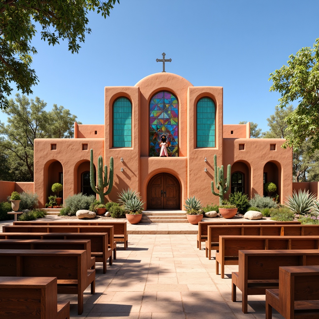 Prompt: Vibrant southwestern church, turquoise accents, warm adobe walls, rustic wooden pews, colorful stained glass windows, geometric patterns, desert landscape, cactus plants, clear blue sky, warm sunny day, soft natural lighting, shallow depth of field, 1/1 composition, detailed textures, ambient occlusion, intricate stone carvings, ornate metalwork, traditional Native American motifs.