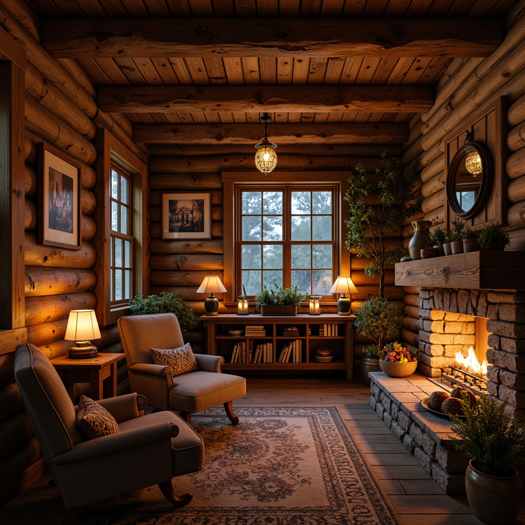 Prompt: Rustic wooden cabin, warm candlelight, metal lanterns, vintage pendant lamps, distressed finishes, earthy tones, natural textiles, woven baskets, pinecone decorations, rough-hewn wood beams, stone fireplaces, cozy reading nooks, soft warm glow, low-key lighting, 1/1 composition, intimate atmosphere, realistic textures, ambient occlusion.