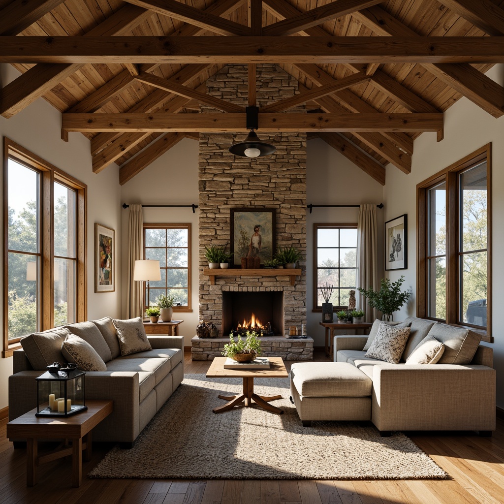 Prompt: Rustic great room, wooden beam ceiling, stone fireplace, natural wood flooring, plush area rugs, earthy color palette, textured surfaces, distressed wood accents, vintage metal lanterns, woven baskets, nature-inspired decor, cozy reading nooks, warm ambient lighting, 1/1 composition, shallow depth of field, realistic textures, soft focus blur.