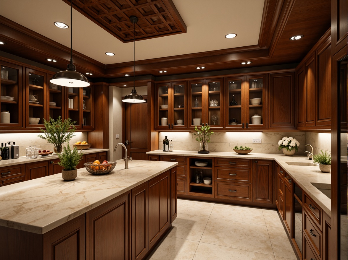 Prompt: Warm traditional laboratory, rich wood tones, elegant cabinetry, polished metal fixtures, soft warm lighting, pendant lamps, recessed ceiling lights, natural stone countertops, earthy color palette, cozy atmosphere, subtle shadows, 1/1 composition, shallow depth of field, realistic textures, ambient occlusion.