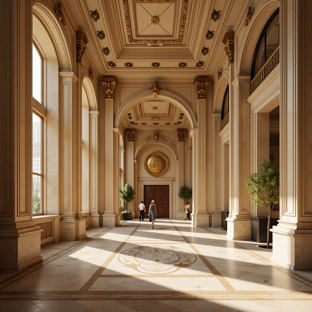 Prompt: Luxurious interior space, elegant molding details, ornate ceiling designs, sophisticated wall paneling, refined archways, lavish columns, intricate wood carvings, rich textures, warm beige tones, soft golden lighting, shallow depth of field, 1/1 composition, realistic rendering, ambient occlusion.