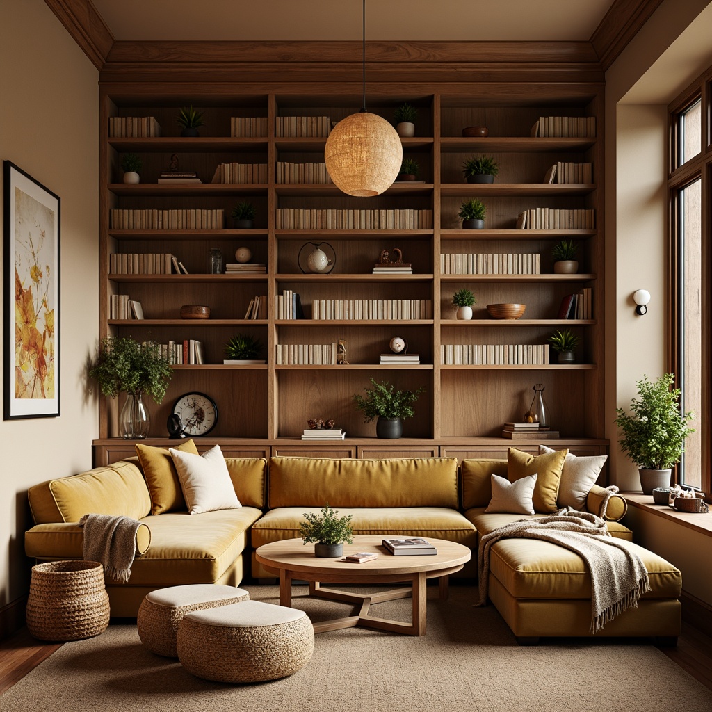 Prompt: Cozy reading nook, plush velvet sofas, soft cashmere throws, warm beige walls, natural wood accents, floor-to-ceiling bookshelves, comfortable ottomans, woven rattan baskets, earthy color palette, warm golden lighting, shallow depth of field, 1/1 composition, realistic textures, ambient occlusion.