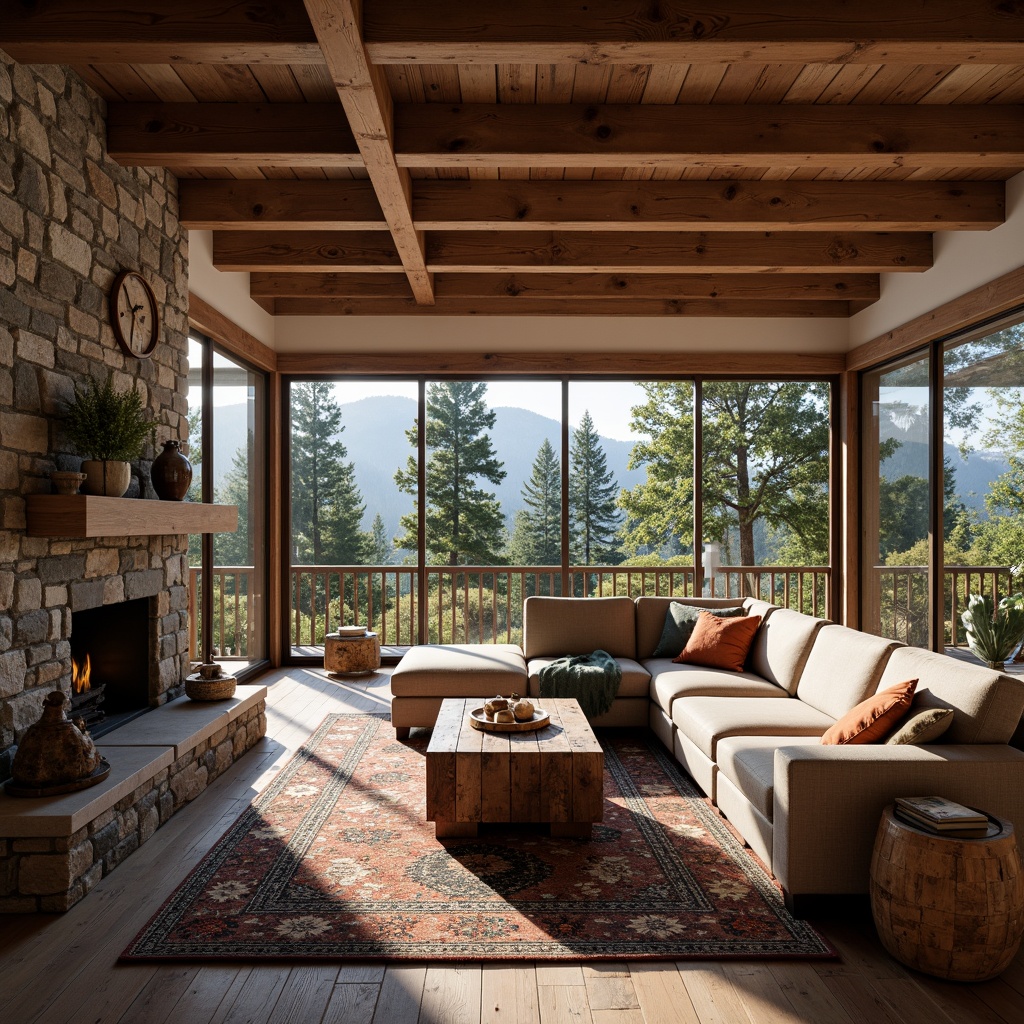 Prompt: Cozy rustic great room, wooden beam ceiling, stone fireplace, plush sectional sofa, vintage rug, reclaimed wood coffee table, earthy tone color palette, natural light pouring in, large windows, sliding glass doors, forest surroundings, majestic trees, mountain views, warm ambient lighting, soft shadows, 1/1 composition, intimate atmosphere.