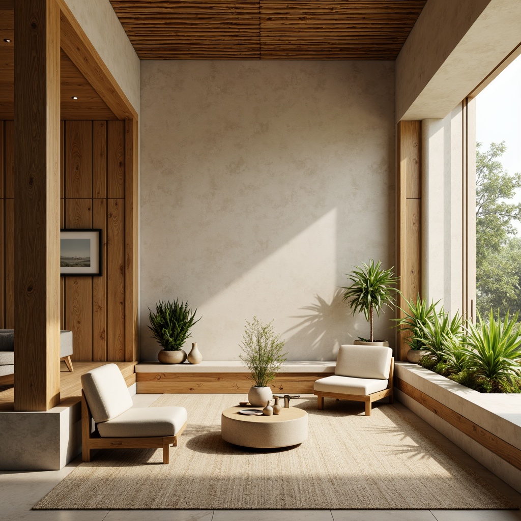 Prompt: Natural bamboo textures, earthy tones, soft beige walls, warm wooden accents, modern minimalist decor, sleek low-profile furniture, subtle organic patterns, moss greenery, tranquil ambiance, soft diffused lighting, shallow depth of field, 1/2 composition, realistic wood grain details, ambient occlusion.