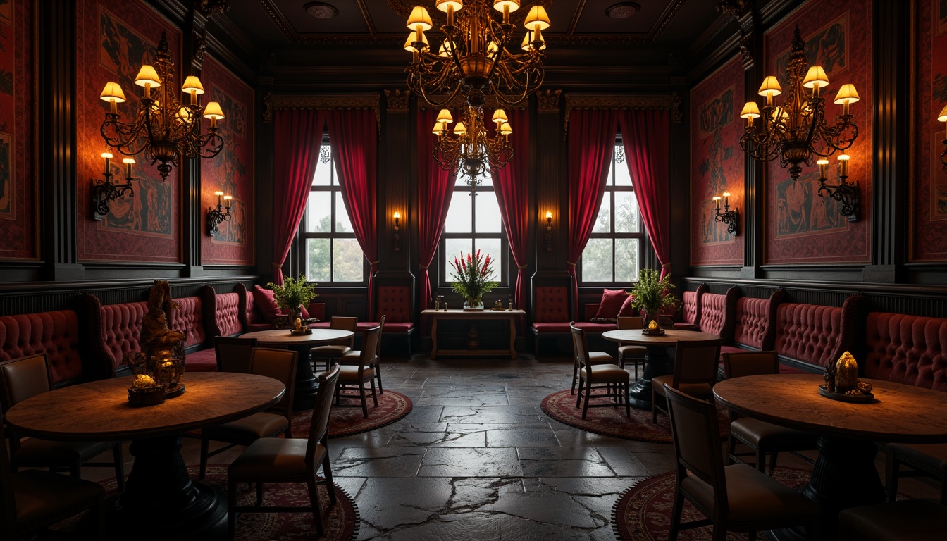 Prompt: Dark wooden tables, ornate metal chairs, grandiose chandeliers, mysterious crimson curtains, medieval-inspired tapestries, intricately carved wooden panels, luxurious velvet upholstery, heavy stone flooring, mystical lanterns, dim warm lighting, eerie atmospheric shadows, 3/4 composition, low-angle view, realistic textures, ambient occlusion.