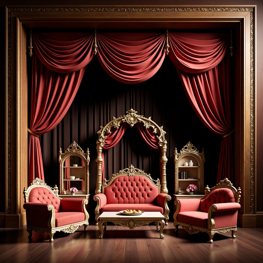 Prompt: Intricate stage-inspired furniture, ornate velvet drapes, gilded wooden frames, curvaceous lines, flowing organic shapes, luxurious upholstery fabrics, rich jewel-toned colors, subtle metallic accents, soft warm lighting, dramatic shadows, 1/1 composition, shallow depth of field, realistic textures, ambient occlusion, opulent throne-like chairs, majestic canopy beds, lavish curved sofas, grandiose wooden cabinets, whimsical decorative mirrors, exotic inlays, and intricate carvings.