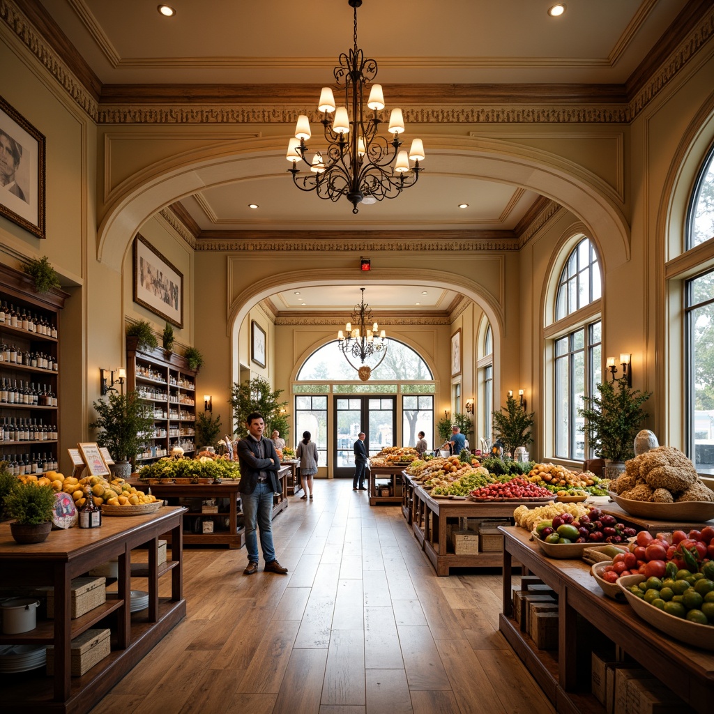 Prompt: Elegant grocery store interior, warm beige walls, ornate crown molding, polished wooden floors, classic chandeliers, soft warm lighting, subtle shadows, ornamental columns, decorative archways, rustic wooden shelves, vintage-inspired signage, fresh produce displays, abundant natural light, large windows, French doors, refined aisle navigation, sophisticated product presentation, gentle color temperature, 1/2 composition, shallow depth of field, realistic textures, ambient occlusion.