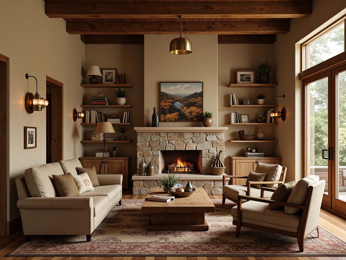 Prompt: Cozy living room, earthy tones, natural wood accents, plush armchairs, tufted sofas, wooden coffee tables, vintage rugs, warm lighting, rustic metal fixtures, craftsman-style built-in shelves, stone fireplace, comfortable seating areas, natural textiles, organic shapes, soft cushions, warm beige walls, rich brown woods, inviting atmosphere, shallow depth of field, 1/2 composition, realistic textures, ambient occlusion.