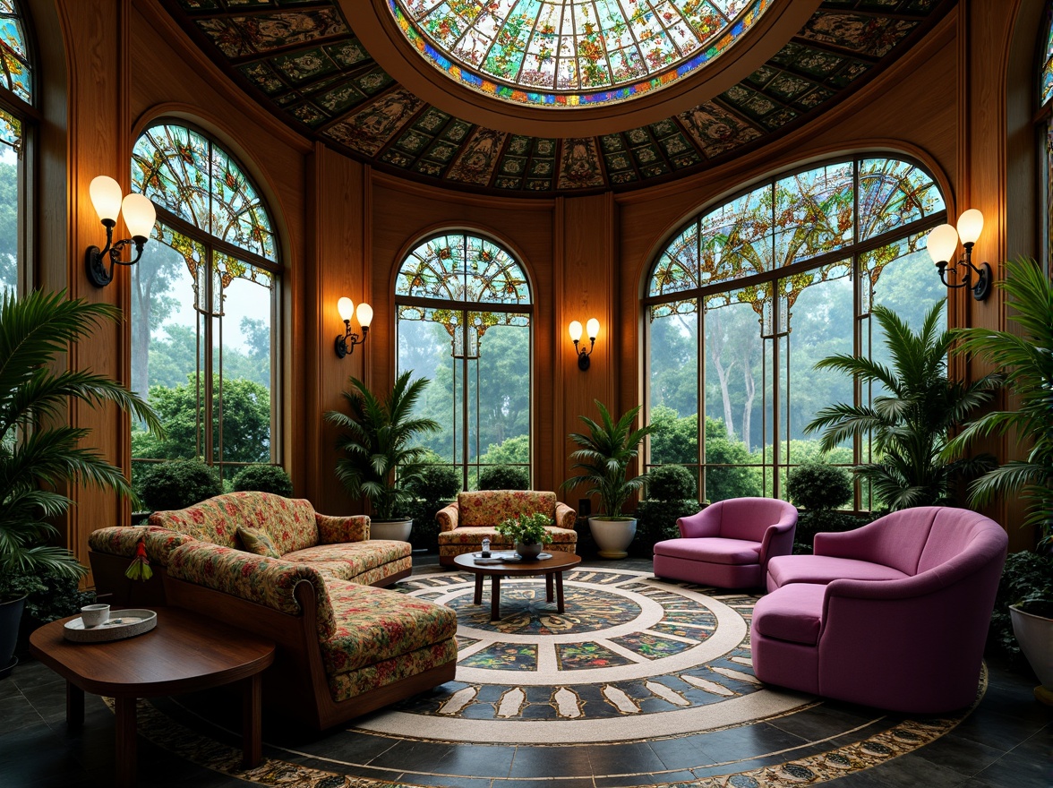 Prompt: Luxurious Art Nouveau interior, sinuous lines, flowing curves, ornate details, rich jewel-toned colors, emerald green, sapphire blue, amethyst purple, gold accents, metallic sheen, velvety textures, floral patterns, organic motifs, stained glass windows, intricate mosaics, opulent furnishings, curved wooden panels, soft warm lighting, dramatic shading, high contrast ratios, 1/2 composition, ornate picture frames, whimsical illustrations.