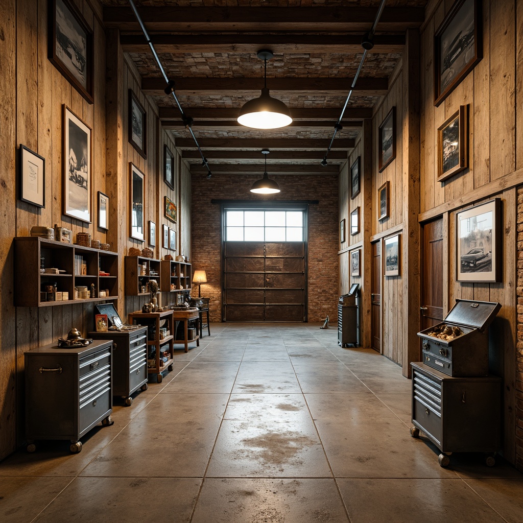 Prompt: Rustic garage interior, distressed wooden walls, worn-out concrete floors, vintage car displays, metal toolboxes, industrial pendant lights, exposed brick ceilings, earthy color palette, natural stone accents, metallic sheen, rough-hewn wood textures, warm ambient lighting, shallow depth of field, 2/3 composition, realistic reflections, detailed normal maps.