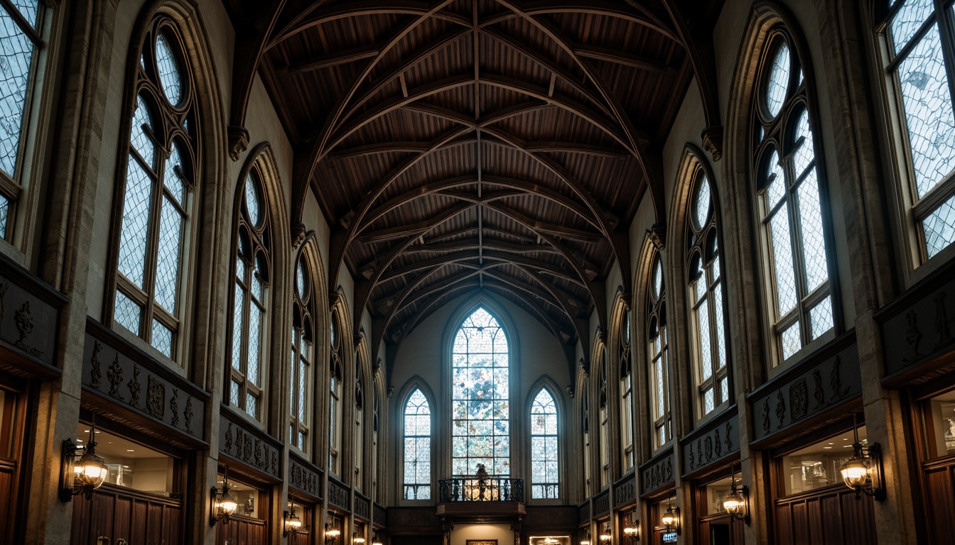 Prompt: Intricate Gothic arches, ornate stone carvings, grandiose vaulted ceilings, ribbed steel beams, industrial metallic textures, modernized medieval aesthetics, pointed arch windows, stained glass accents, dramatic vertical emphasis, flying buttresses, sleek minimalist ornamentation, weathered steel patina, atmospheric misty lighting, high-contrast shadows, 1/1 composition, symmetrical framing, cinematic mood, realistic materials, subtle color grading.