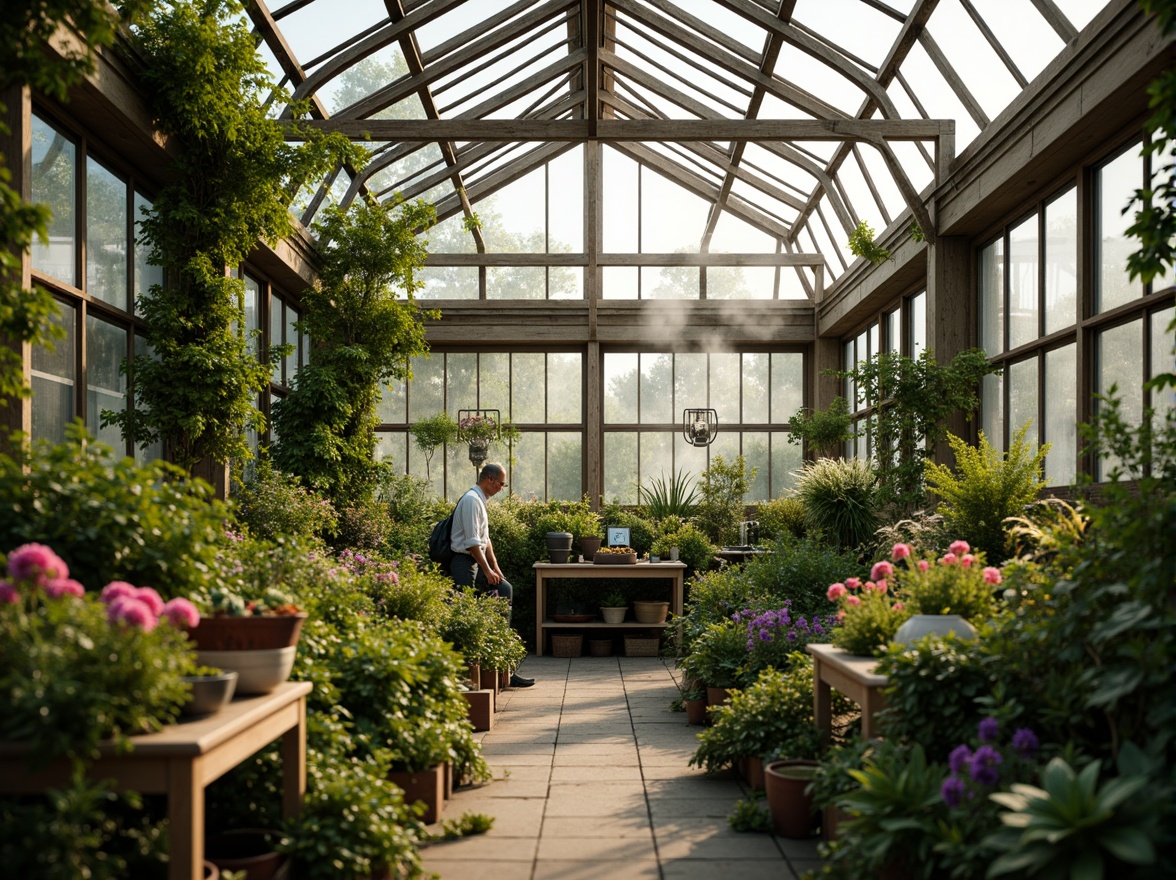 Prompt: Greenhouse interior, lush foliage, vibrant flowers, thriving plants, misting system, humid climate control, natural light diffusion, transparent polycarbonate roof, automatic ventilation windows, circulating air flow, CO2 monitoring, optimal temperature range, soil moisture sensors, irrigation systems, trellis support, pruning tables, gardening tools, rustic wooden accents, earthy color palette, soft warm lighting, shallow depth of field, 1/1 composition.