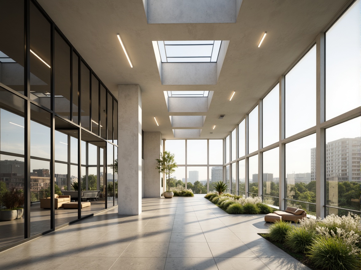 Prompt: Spacious open floor plan, high ceilings, large windows, glass facades, clerestory windows, skylights, solar tubes, reflective surfaces, minimalist interior design, light-colored walls, polished concrete floors, low-profile furniture, green roofs, rooftop gardens, urban landscape views, morning sunlight, soft warm lighting, shallow depth of field, 3/4 composition, panoramic view, realistic textures, ambient occlusion.