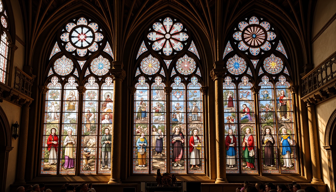 Prompt: Vibrant stained glass windows, intricate Gothic arches, ornate stone carvings, majestic cathedrals, colorful rose windows, delicate tracery patterns, ornamental ribbed vaults, mystical Christian symbolism, rich jewel-toned hues, warm golden lighting, dramatic shadows, high-contrast textures, symmetrical composition, atmospheric perspective, soft focus blur, realistic refractions.