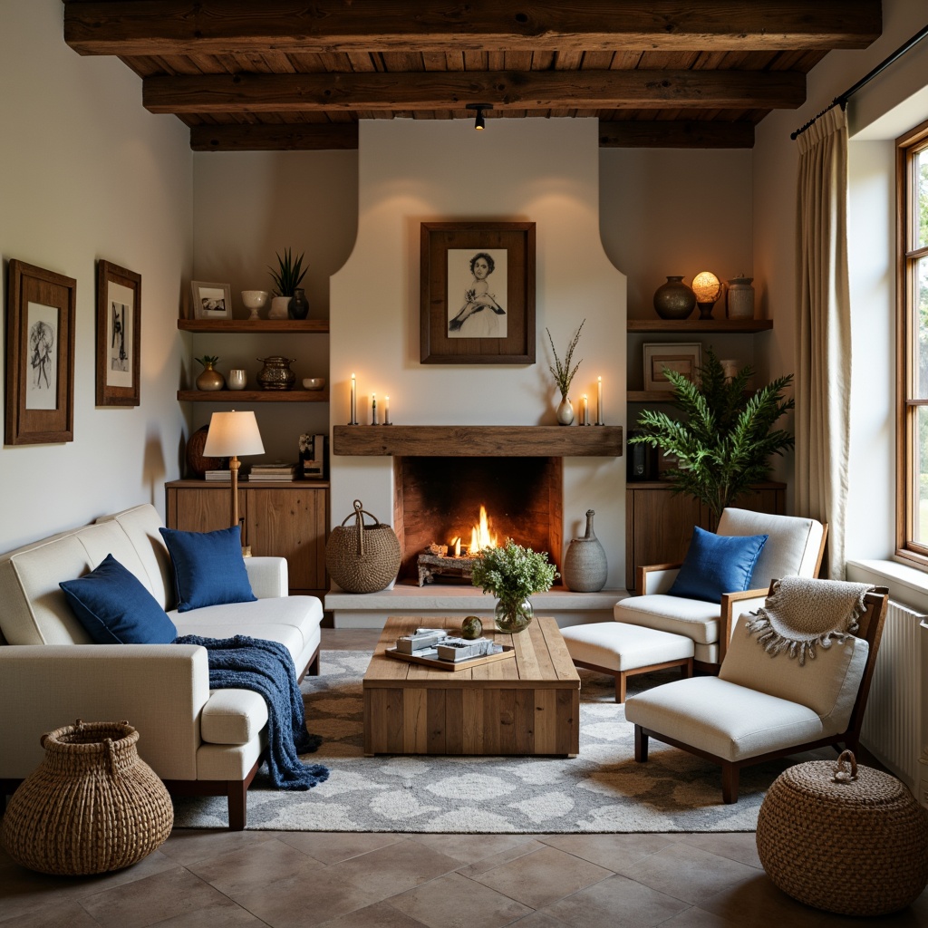 Prompt: Cozy living room, warm earthy tones, rich wood accents, plush furniture, soft creamy whites, calming blues, natural textiles, woven baskets, vintage decorative items, rustic metal fixtures, candlelit ambiance, soft focus, shallow depth of field, 1/1 composition, intimate atmosphere.