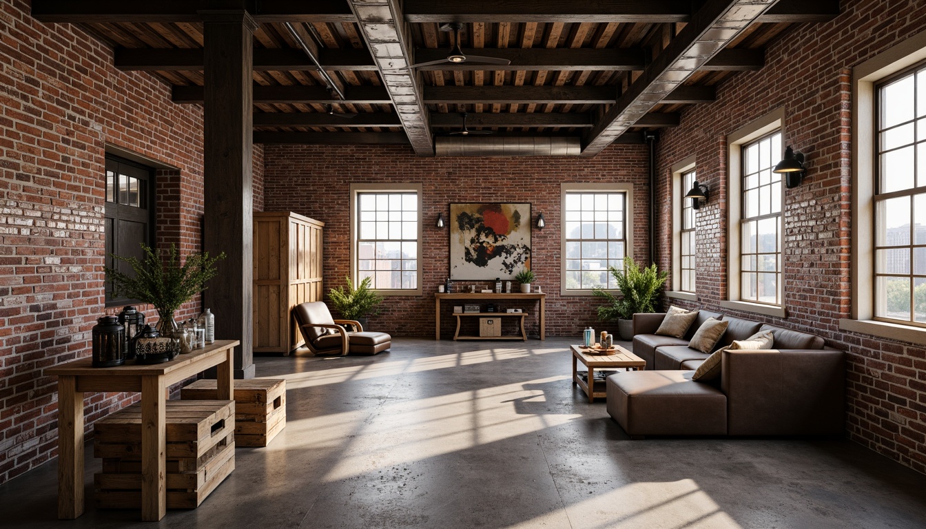 Prompt: Exposed brick walls, metal beams, industrial chic, reclaimed wood accents, vintage machinery, distressed concrete floors, minimalist decor, functional lighting, open-plan layout, high ceilings, urban loft atmosphere, gritty textures, warm color palette, natural materials, eclectic decorative elements, rustic wooden crates, metal lanterns, exposed ductwork, dramatic shadows, 1/2 composition, softbox lighting, realistic render.