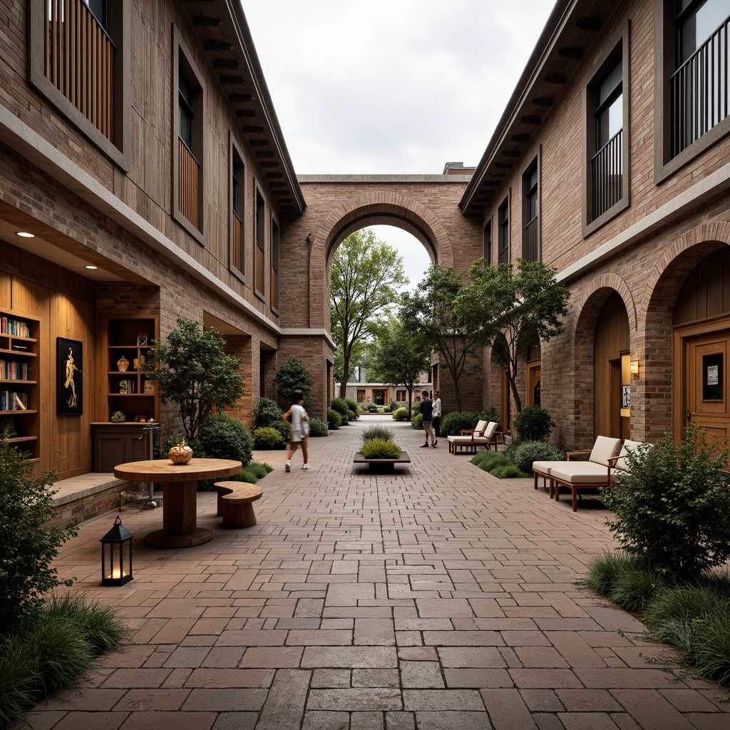 Prompt: Rustic university campus, earthy tone accent walls, reclaimed wood textures, natural stone foundations, cozy reading nooks, warm wooden furniture, vintage metal lanterns, distressed brick archways, eclectic artwork displays, lush greenery, overcast sky, soft diffused lighting, shallow depth of field, 1/1 composition, realistic textures, ambient occlusion.