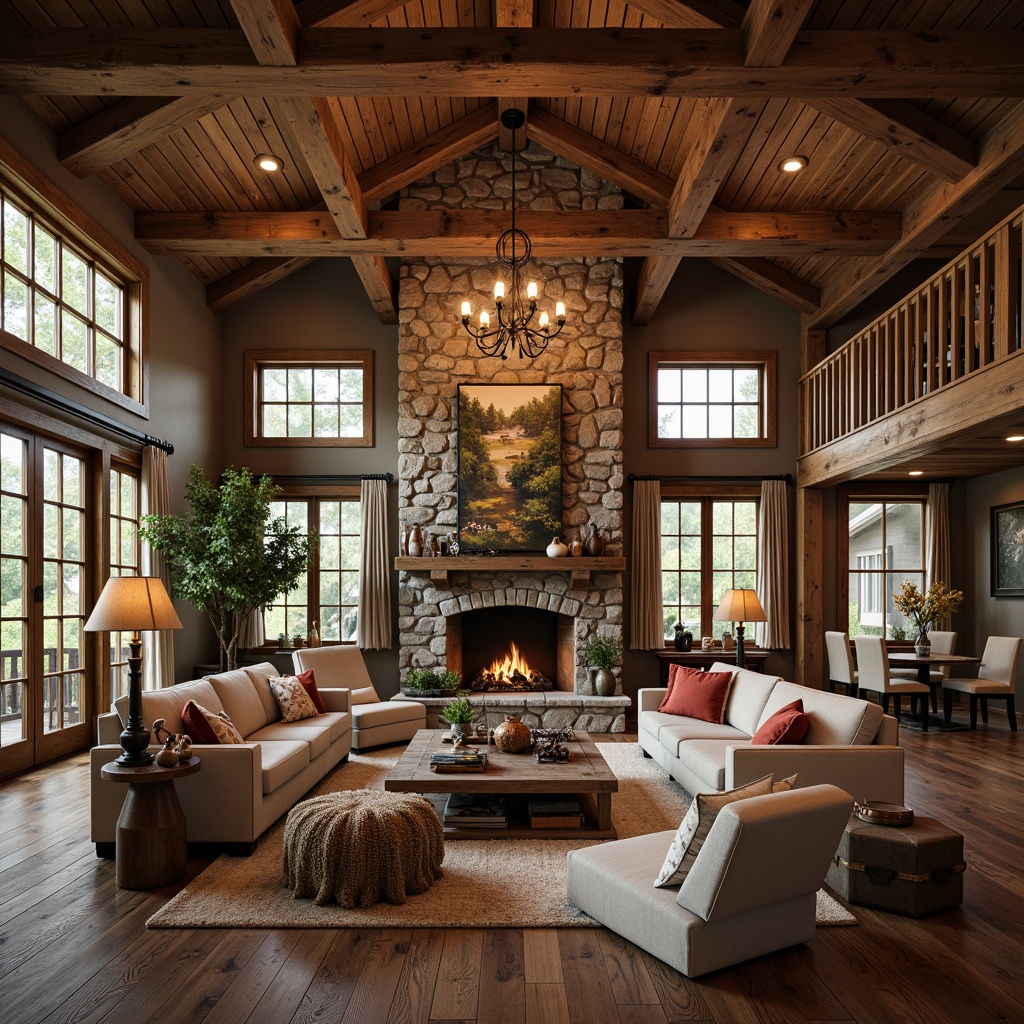 Prompt: Rustic great room, wooden beam ceiling, stone fireplace, plush furniture, earthy tones, natural textures, warm lighting, cozy atmosphere, vintage decor, distressed wood accents, comfortable seating areas, lantern-style chandeliers, nature-inspired artwork, wooden floorboards, soft cushions, cabin-like ambiance, autumnal color palette, inviting warmth, 3/4 composition, shallow depth of field, realistic renderings.