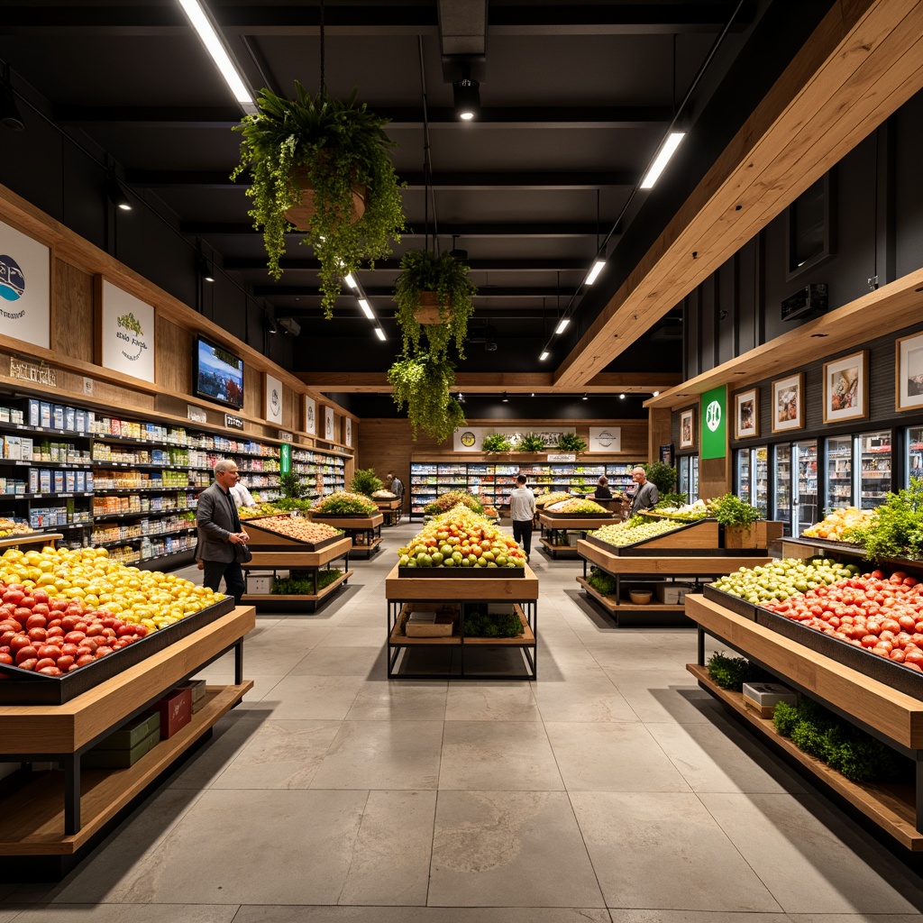 Prompt: Modern grocery store interior, elegant wooden shelves, fresh produce stands, vibrant fruit displays, sleek metal racks, ambient warm lighting, natural stone flooring, earthy color scheme, inviting seating areas, rustic wood accents, hanging plants, cozy nooks, subtle branding elements, minimalist product signage, intuitive navigation, spacious aisles, carefully curated product placement, 1/2 composition, soft focus effect, realistic textures.