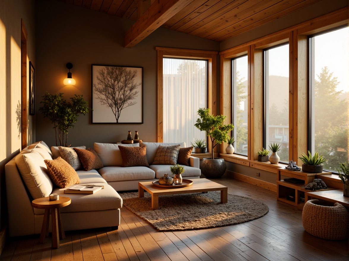 Prompt: Cozy living room, warm golden lighting, table lamps, floor lamps, softbox lights, LED strip lights, rustic wooden furniture, plush area rugs, earthy color palette, natural textiles, modern minimalist decor, large windows, sheer curtains, afternoon sunlight, ambient glow, 1/1 composition, shallow depth of field.