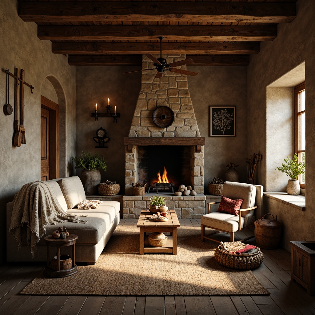 Prompt: Rustic wooden accents, vintage farm tools, distressed finishes, earthy color palette, natural stone walls, exposed beams, cozy fireplace, plush throw blankets, woven baskets, antique furniture, soft candlelight, warm afternoon sunbeams, shallow depth of field, 1/1 composition, intimate atmosphere, realistic textures, ambient occlusion.