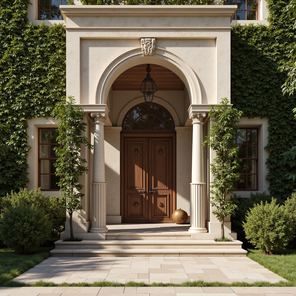 Prompt: Grand neoclassical facade, ornate stone carvings, symmetrical columns, lush green walls, vines crawling up pillars, floral patterns, natural stone floors, elegant archways, refined metalwork, subtle lighting accents, warm beige tones, soft foliage textures, serene atmosphere, shallow depth of field, 1/1 composition, realistic render, ambient occlusion.