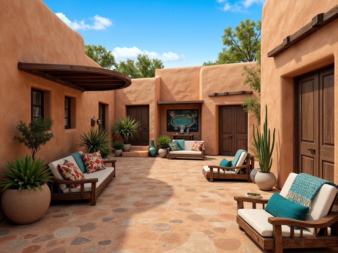 Prompt: Earthy adobe buildings, rustic wooden accents, vibrant turquoise pottery, woven Navajo blankets, rough-hewn stone walls, faded denim fabrics, distressed leather furniture, warm sandy dunes, clear blue skies, abundant cacti, traditional Pueblo architecture, curved lines, organic shapes, natural earth tones, warm golden lighting, soft shadows, atmospheric perspective, 1/2 composition, realistic textures, subtle ambient occlusion.