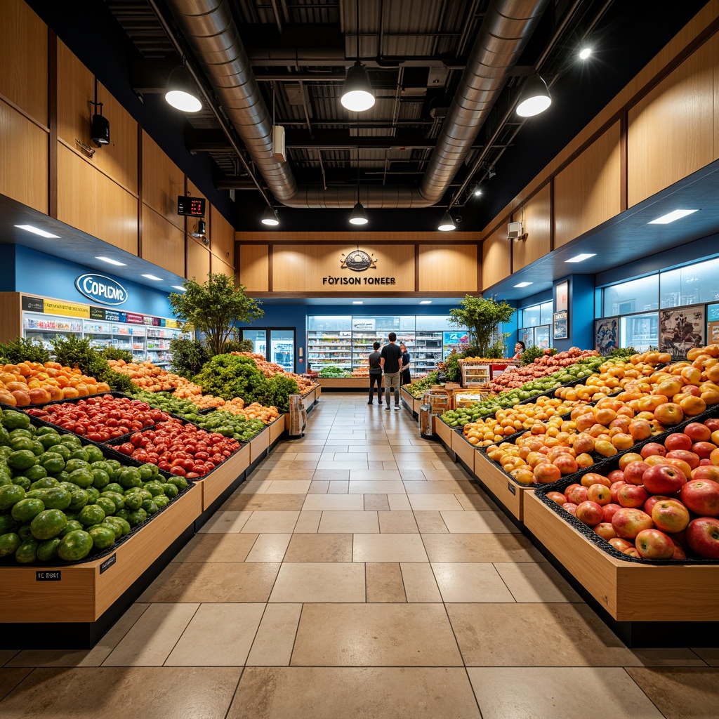 Prompt: Vibrant supermarket interior, fresh produce stands, juicy fruits, crisp vegetables, appetizing food displays, warm beige shelving, cool blue refrigeration units, earthy brown wooden accents, natural stone flooring, modern metal racks, energetic yellow signage, inviting red sale tags, soft overhead lighting, shallow depth of field, 1/2 composition, realistic textures, ambient occlusion.