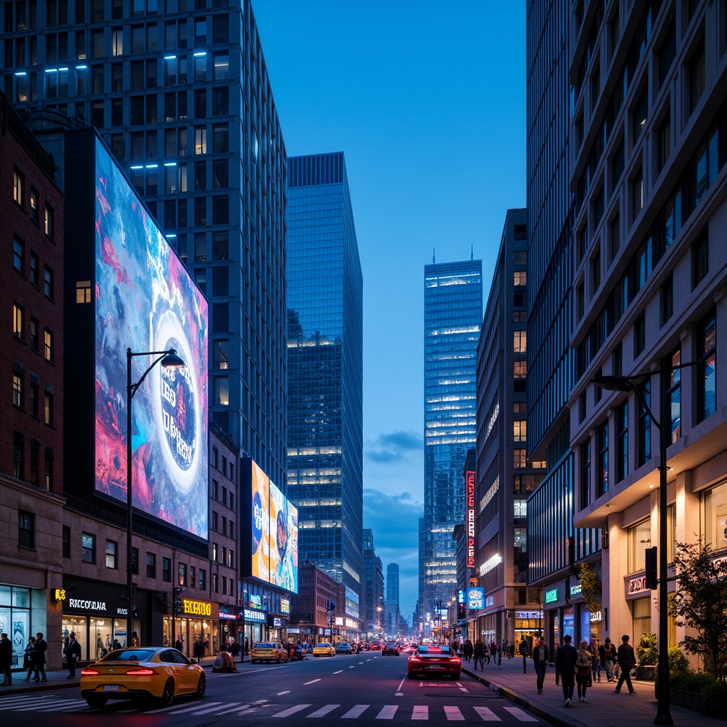 Prompt: Neon-lit cityscape, sleek skyscrapers, holographic advertisements, glowing blue accents, LED strip lights, metallic surfaces, polished chrome fixtures, futuristic street lamps, vibrant color grading, high-contrast lighting, atmospheric fog effects, dynamic shadows, cinematic camera angles, 1-point perspective composition, shallow depth of field, real-time global illumination, ambient Occlusion.