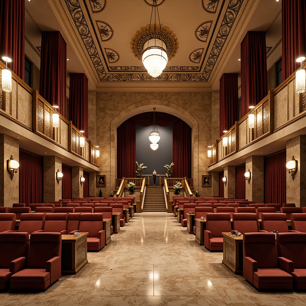 Prompt: Luxurious amphitheater, ornate Art Deco details, textured stone walls, glossy marble floors, velvet curtains, golden accents, intricate geometric patterns, grand staircase, opulent chandeliers, lavish furnishings, rich wood paneling, bronze door handles, soft warm lighting, shallow depth of field, 3/4 composition, panoramic view, realistic textures, ambient occlusion.