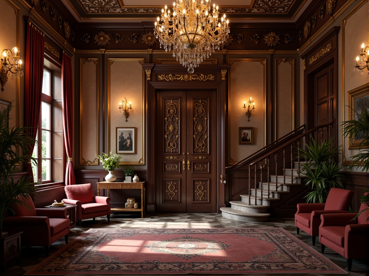 Prompt: Luxurious Victorian mansion, intricately carved wooden doors, ornate golden hardware, grand chandelier, crystal prisms, lavish furnishings, velvet drapes, intricate plasterwork, decorative moldings, richly patterned rugs, marble floors, elegant staircases, subtle warm lighting, shallow depth of field, 1/2 composition, realistic textures, ambient occlusion.