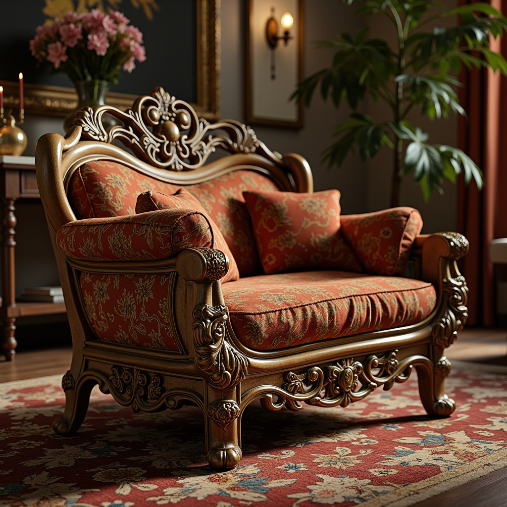 Prompt: Ornate furniture pieces, flowing organic shapes, sinuous lines, natural materials, wooden carvings, intricate metalwork, stained glass inlays, velvet upholstery, curved legs, ornamental motifs, botanical patterns, luxurious fabrics, rich jewel tones, warm golden lighting, shallow depth of field, 1/1 composition, realistic textures, ambient occlusion, artistic details, handcrafted elements, elegant proportions, sophisticated ambiance.