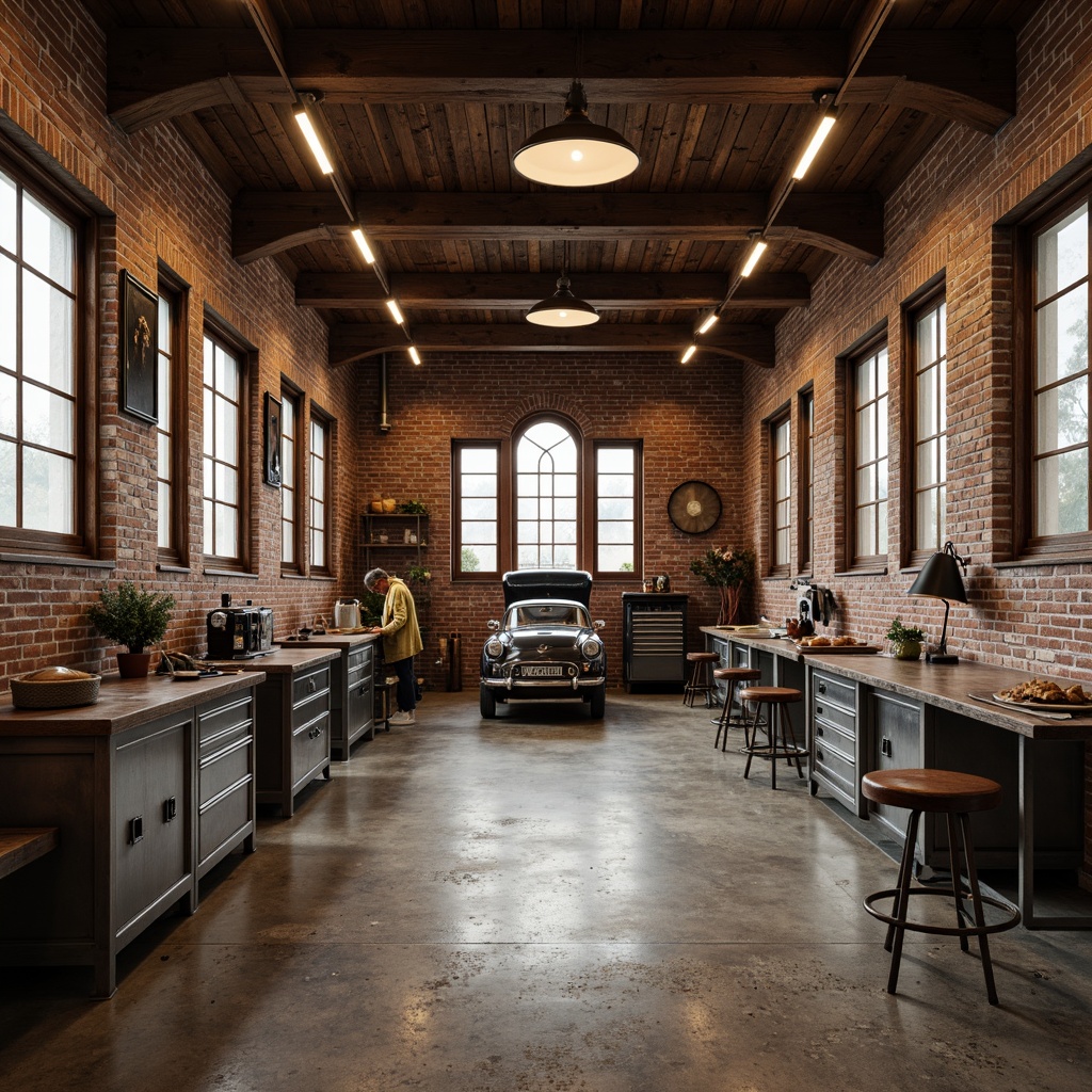 Prompt: Rustic garage interior, distressed wood textures, vintage metal accents, worn concrete floors, industrial-style lighting fixtures, exposed brick walls, metallic car lifts, sleek modern workbenches, tool chests, leather-upholstered stools, earthy color palette, warm softbox lighting, 1/1 composition, realistic reflections, ambient occlusion.