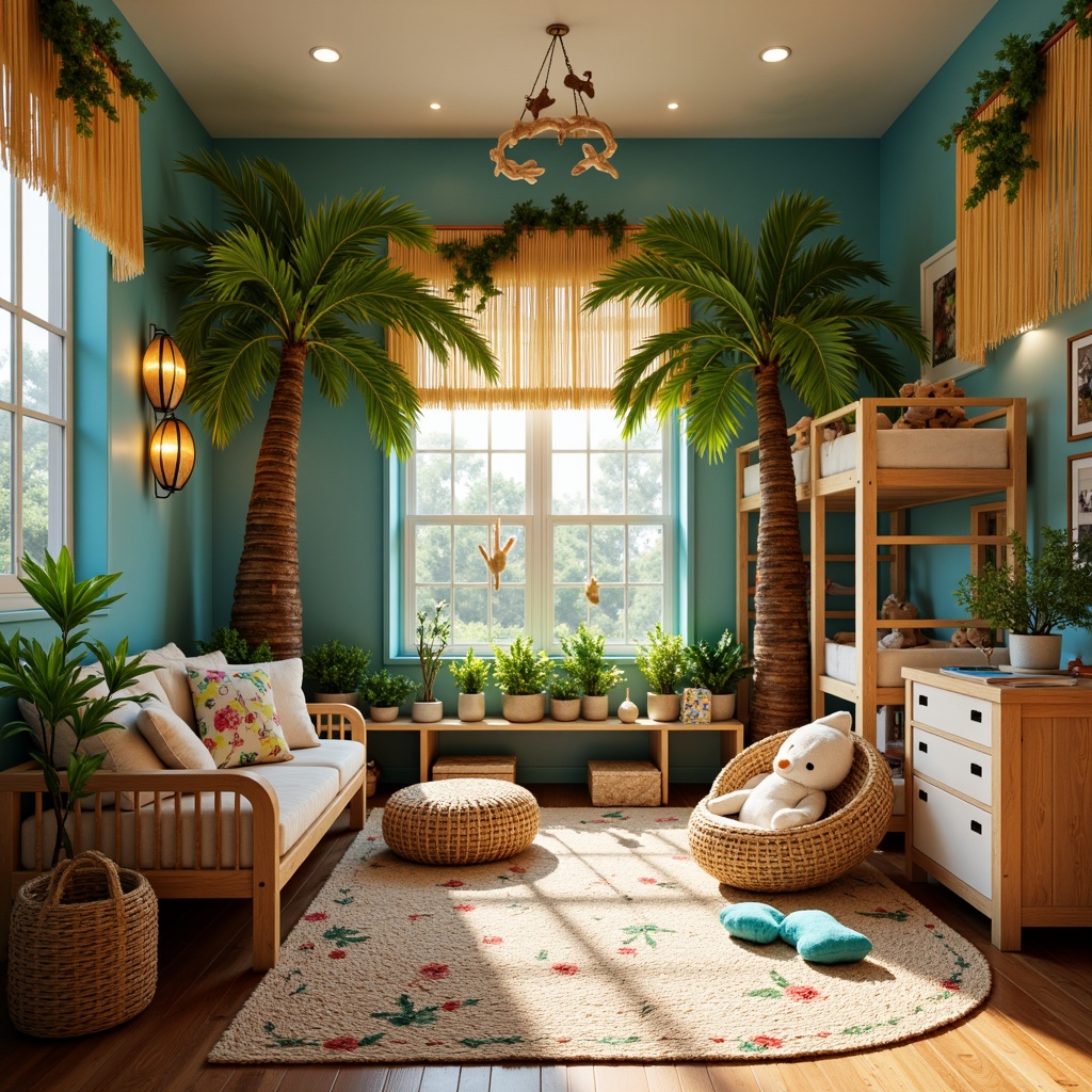 Prompt: Vibrant tropical kids' room, bright color scheme, lively palm trees, fun monkey bars, playful jungle animals, cozy reading nook, warm sunny lighting, soft glowing lanterns, string fairy lights, whimsical cloud-shaped ceiling fixtures, natural woven fibers, rattan furniture, colorful tassel garlands, exotic flower patterns, wooden surfboard decorations, ocean-inspired blues and greens, cheerful morning sunlight, 1/1 composition, soft focus, warm white balance.