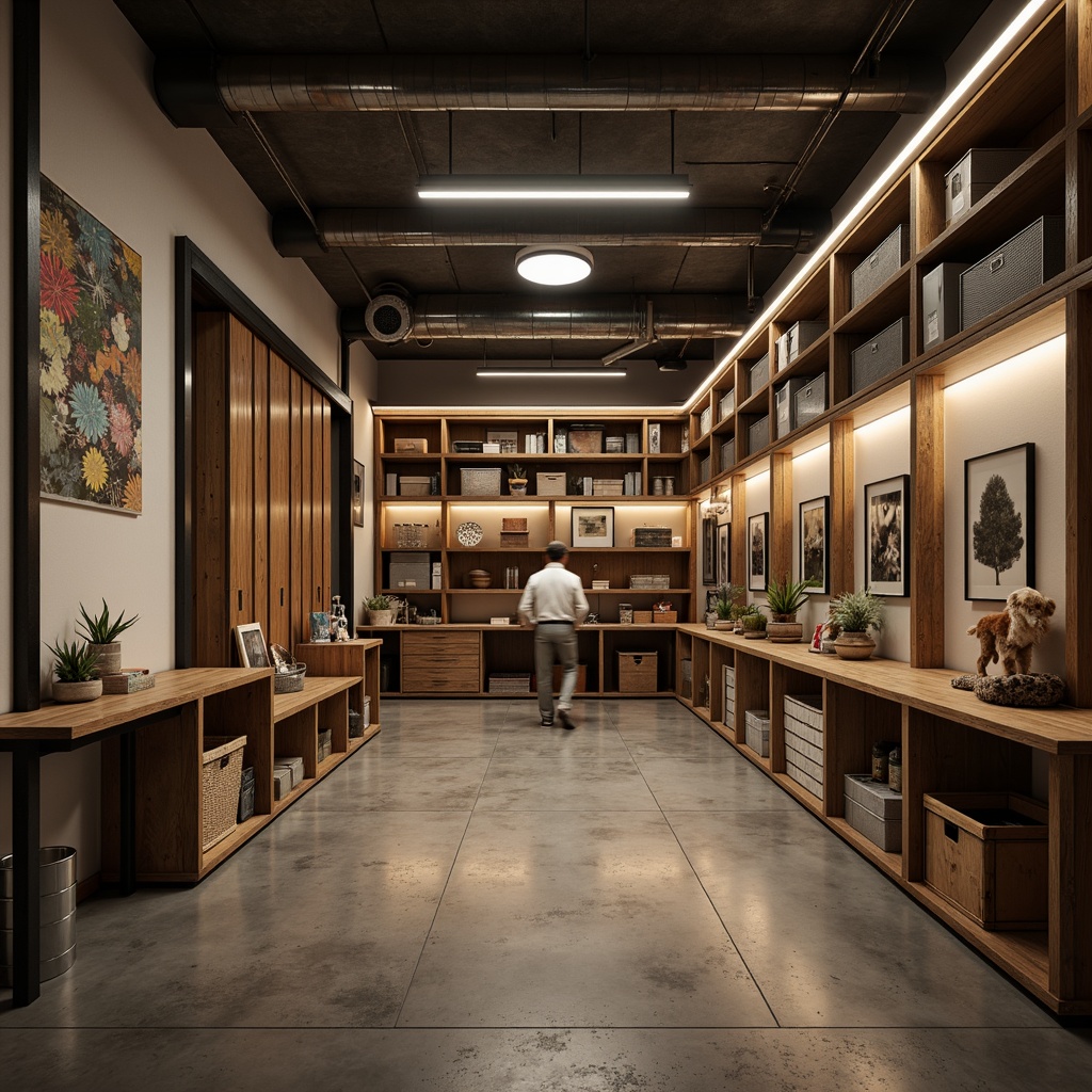 Prompt: Cozy storage room, compact shelving units, labeled bins and baskets, metal racks, wooden crates, industrial-style lighting, concrete floors, modern minimalist decor, functional workstations, adjustable shelves, sliding doors, rustic wood accents, earthy color palette, soft warm lighting, shallow depth of field, 1/1 composition, realistic textures, ambient occlusion.