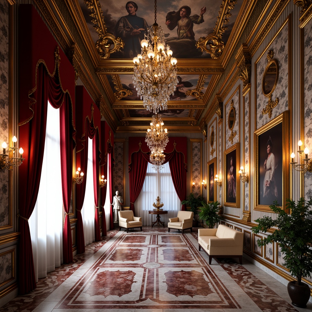 Prompt: Opulent palace interior, rich velvet drapes, ornate golden frames, intricate marble patterns, lavish crystal chandeliers, majestic crimson red walls, regal navy blue accents, luxurious cream-colored furnishings, dramatic bronze statues, ornamental fresco ceilings, warm candlelight, soft focus, shallow depth of field, 1/2 composition, symmetrical arrangement, realistic textures, ambient occlusion.